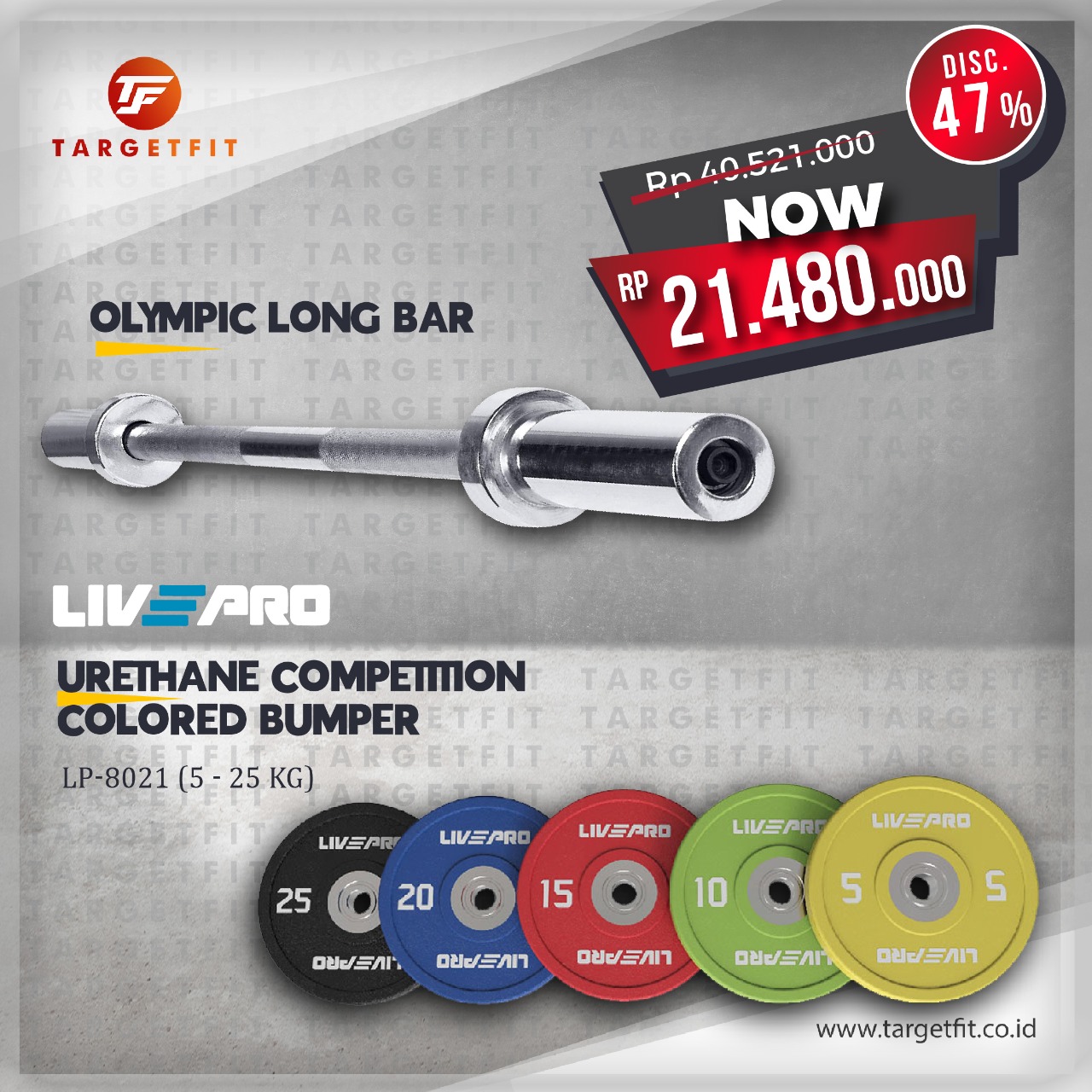 Promo Colored Bumper Plate Livepro + Olympic Long Bar Fitnesspedia